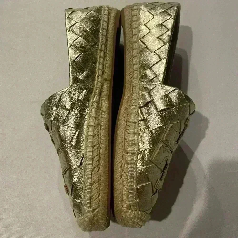 TORY BURCH Woven Leather Espadrille Flats 5 Loafer Gold Metallic Leather Ines